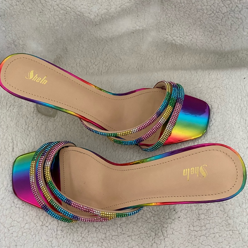 Colorblock Rhinestone Decor Pyramid Heeled Mules Size 10 - Picture 8 of 12